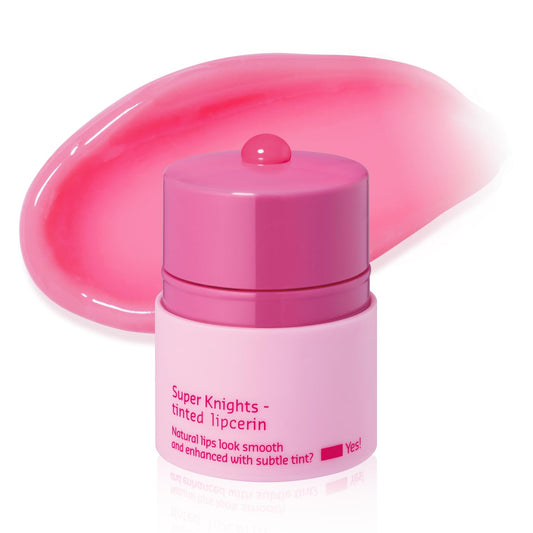 Pink lip balm container with visible text on a white background