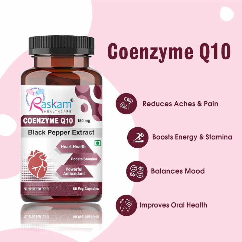 Raskam Coenzyme Q10 supplement bottle with pink background and text highlighting benefits