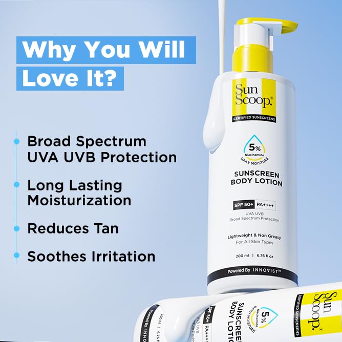 Sun Scoop sunscreen body lotion with features listed on a blue background