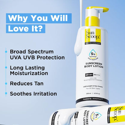 Sun Scoop sunscreen body lotion with features listed on a blue background