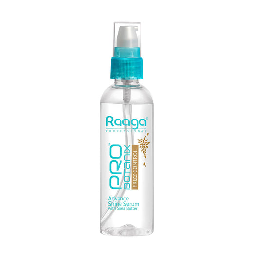 Raaga hair serum bottle with blue cap on a white background