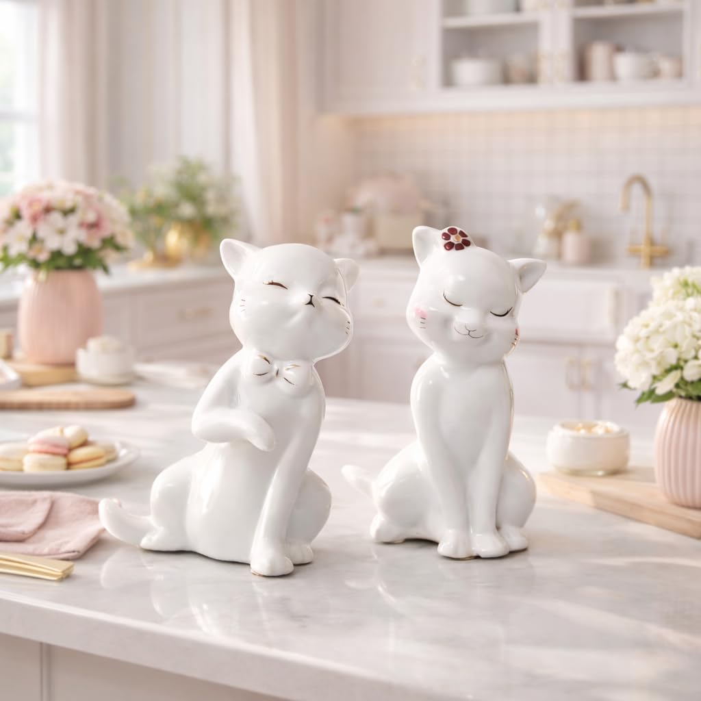 Charming Ceramic Cat Couple Figurines for Home Décor | Minimalist Cute Showpieces for Living Room, Bedroom, Shelf & Gifting (White, 14 cm, Set of 2)