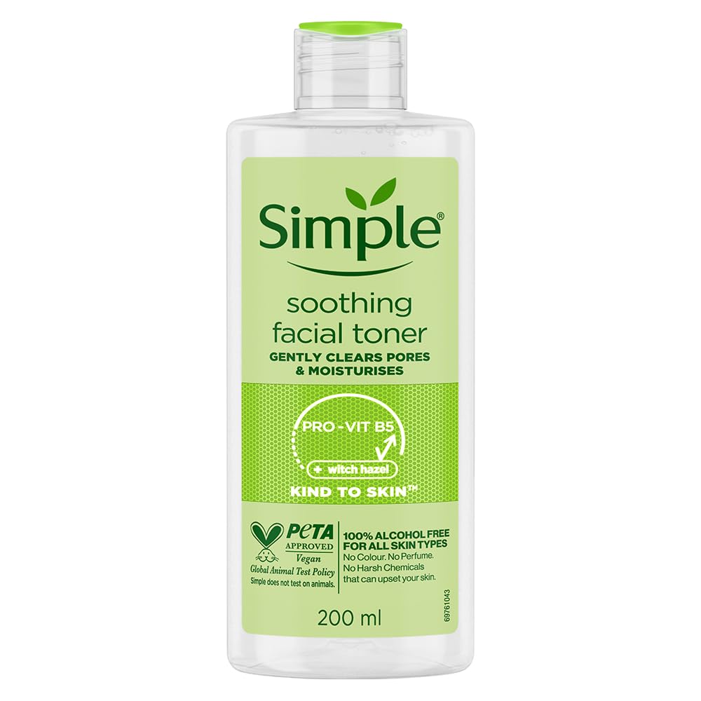 Simple soothing facial toner bottle with green label on a white background
