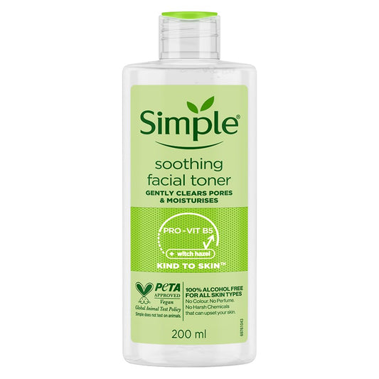 Simple soothing facial toner bottle with green label on a white background