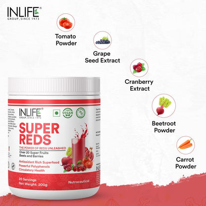 INLIFE Super Reds Powder | Antioxidant-Rich Superfood Supplement Drink Mix | 20 Super Fruits, Beets & Berries | Energize with Powerful Antioxidants Supports Energy 200g (Super Reds)
