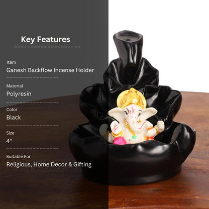 Black Ganesha Idol Waterfall Statue with 8 Incense Smoke Back Flow Fountain Cone Incense Holder | for Table, Living Room, Home Decorative Item