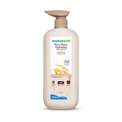 Mamaearth Rice Water Hydrating Body Lotion with Rice Water & Niacinamide for Dewy Glass Skin | 48 Hrs Moisturizating & Nourishing | For Dry Skin | 7 in1 Total Care | 100% Natural Butter | Non Greasy Smooth Skin | 400 ml