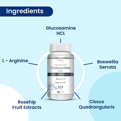 Glucosamine HCL supplement bottle with labeled ingredients on a light blue background