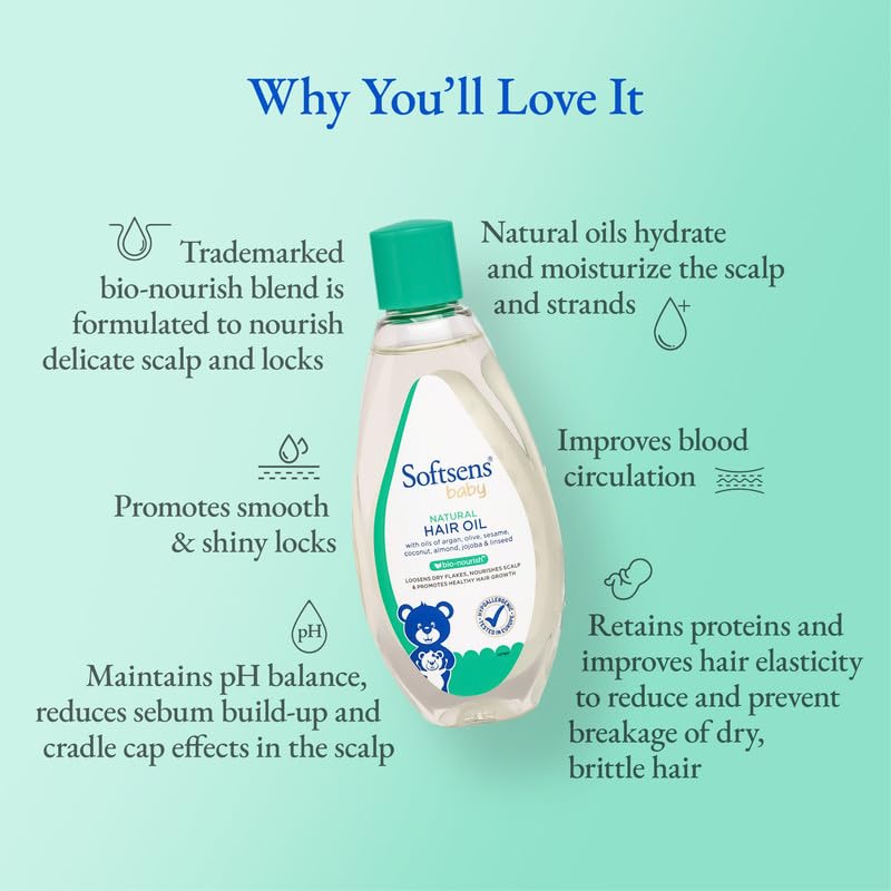 Softsens Baby Natural Hair Oil 100ml | Nourishing Hair & Scalp Oil with Coconut, Almond, Argan & Sesame Oils | Dermatologically Tested & Hypoallergenic, Free from Parabens