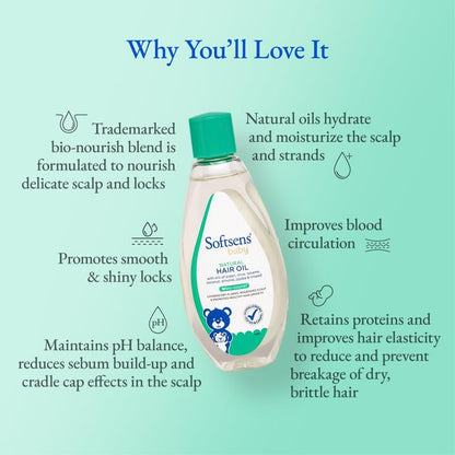 Softsens Baby Natural Hair Oil 100ml | Nourishing Hair & Scalp Oil with Coconut, Almond, Argan & Sesame Oils | Dermatologically Tested & Hypoallergenic, Free from Parabens
