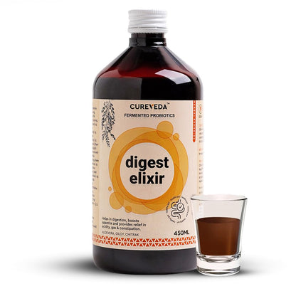 Bottle of Cureveda Digest Elixir with a glass containing the elixir on a white background