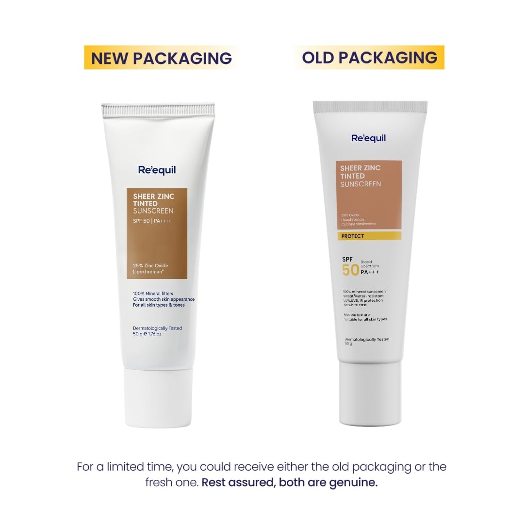 Two tubes of Reéquill sunscreen with 'New Packaging' and 'Old Packaging' labels on a white background.