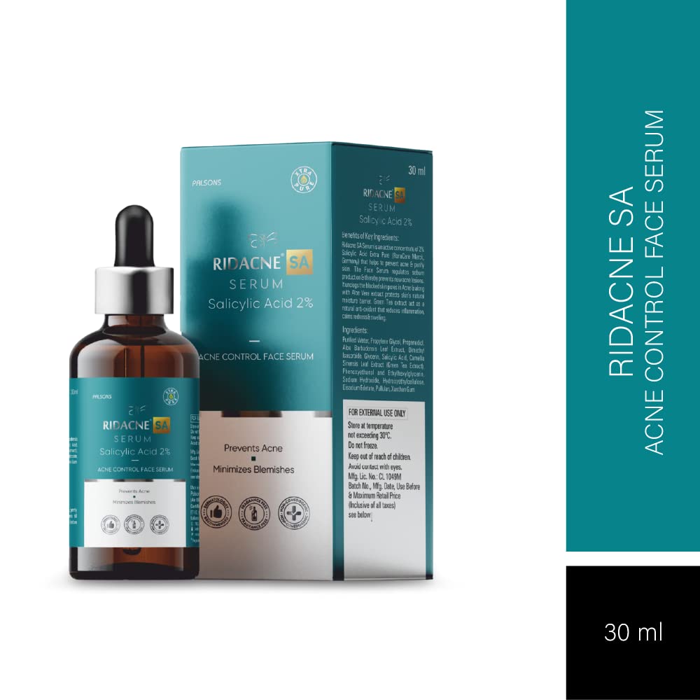 RIDACNE SA SERUM WITH SALICYLIC ACID 2%, ALOE VERA & GREEN TEA EXTRACT - Acne Control Face Serum | Reduces Blackheads and Whiteheads | Minimizes Blemishes | Prevents Acne, 30ml