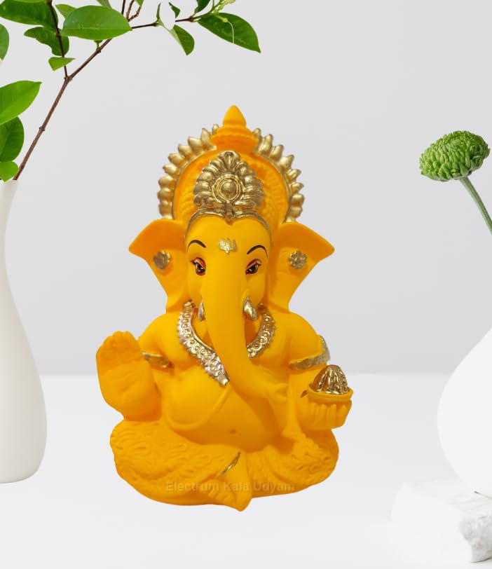 Handcrafted Poly Resin Ganesha Statue with Base - Perfect for Car Dashboard, Office Desk, Shelves, and Home Decor - Ideal Housewarming Gift! (MUKUTMANGOTERRACOTTA)