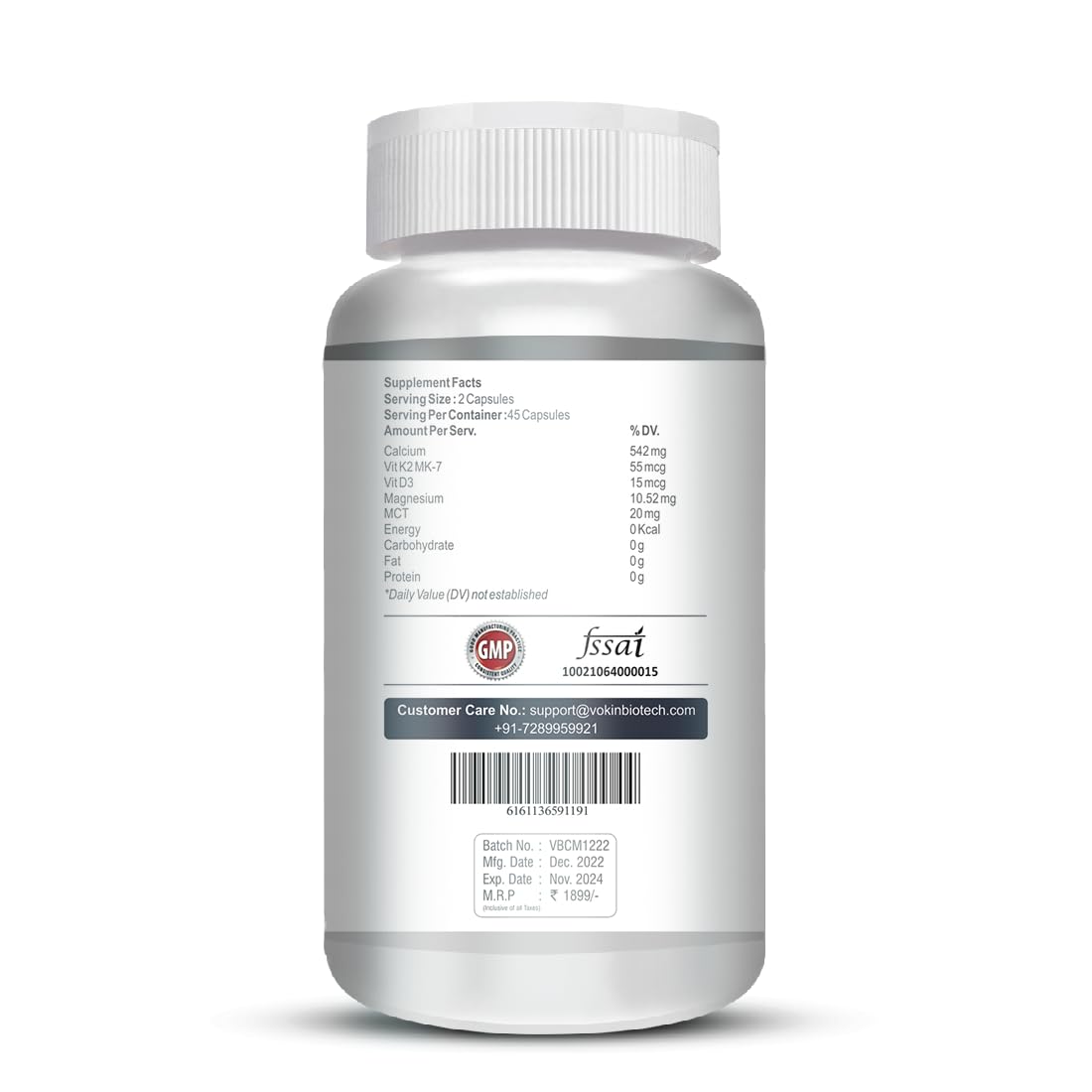 White supplement bottle with label on a white background