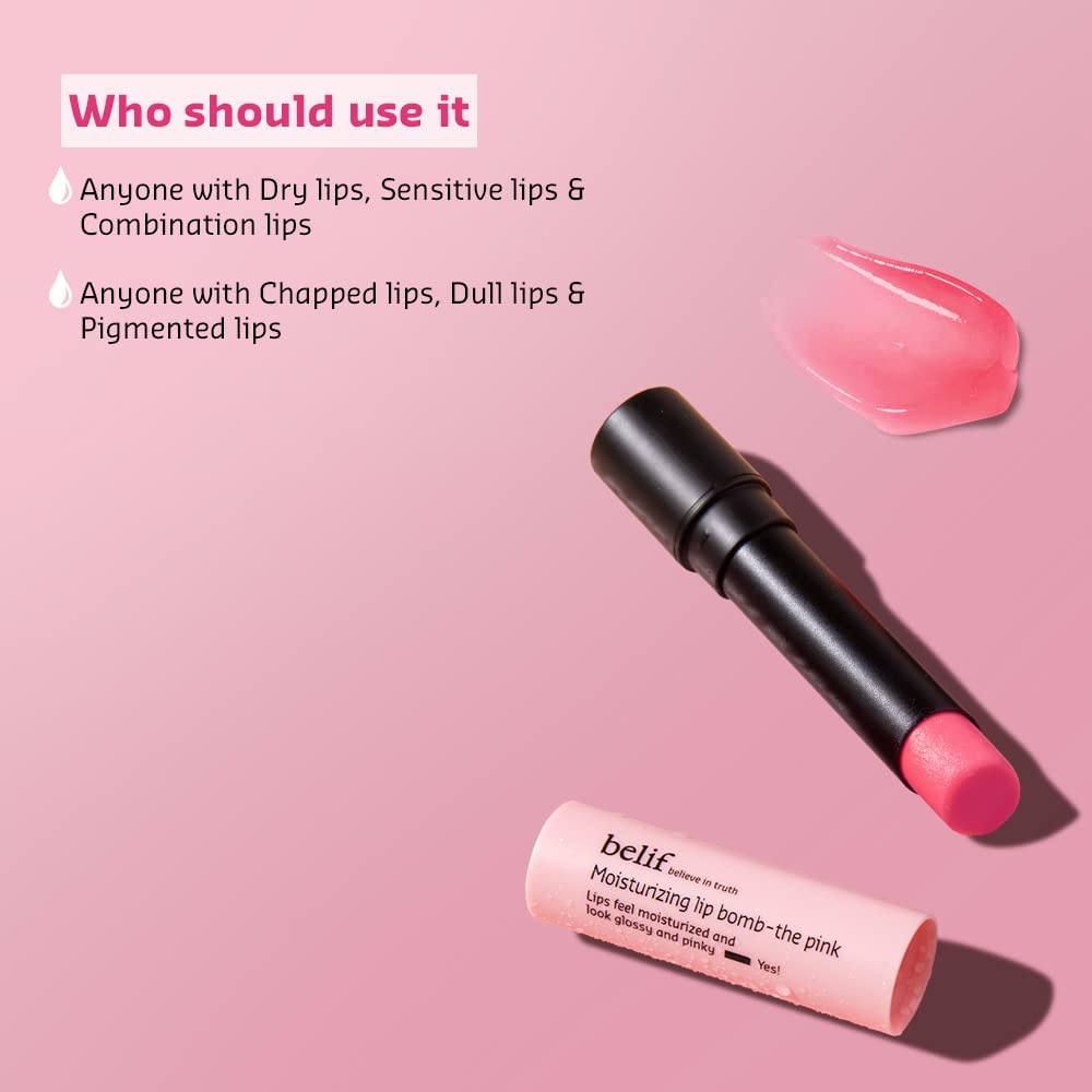 Lip balm with pink cap and visible brand name on a pink background