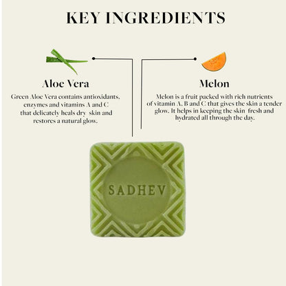 Sadhev Ayurvedic Luxury Soap Bar | Melon & Aloe Vera | Natural Loofah for Exfoliation | Sweet Almond & Wheat Germ Oil | Heals Dry Skin, Imparts Natural Glow | Handcrafted, Vegan, Cruelty Free | 125g