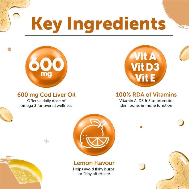 Neuherbs Deep Sea Cod Liver Oil Omega 3 Supplement With Vitamin A, D3 & E | Supports Heart, Brain, Bone & Skin Health | Fish Oil for Men & Women | No Fishy Burps With Lemon Flavour - 100 Softgels