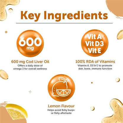Neuherbs Deep Sea Cod Liver Oil Omega 3 Supplement With Vitamin A, D3 & E | Supports Heart, Brain, Bone & Skin Health | Fish Oil for Men & Women | No Fishy Burps With Lemon Flavour - 100 Softgels