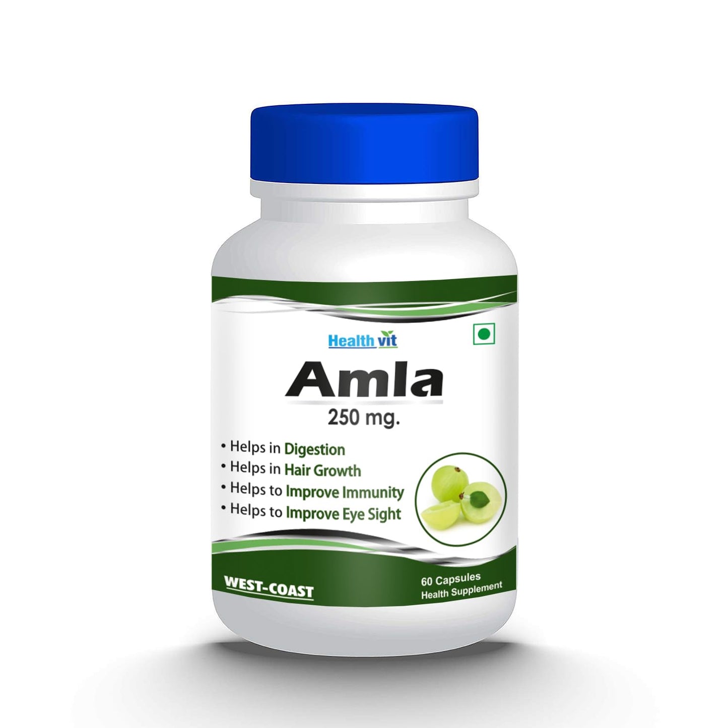 Healthvit Amla supplement bottle with blue cap on a white background