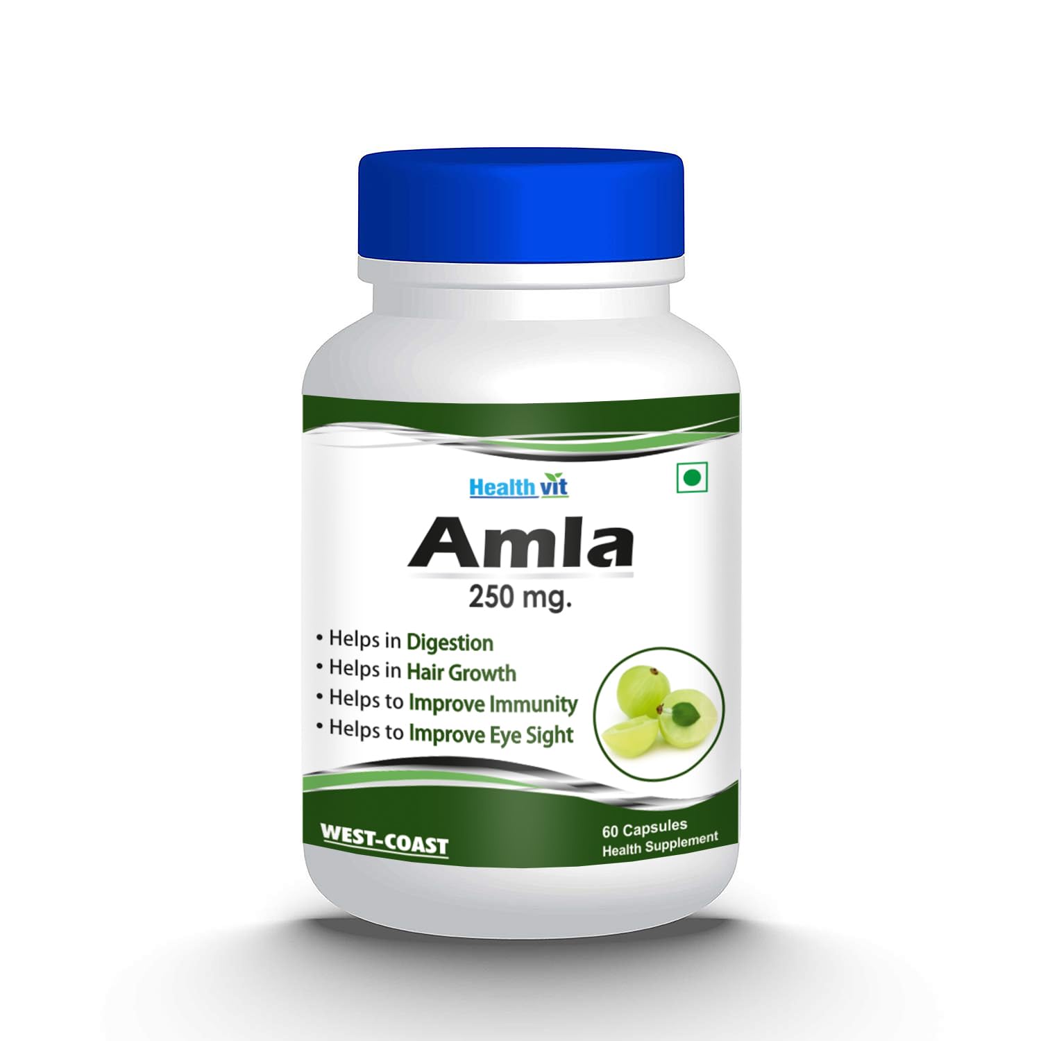 Healthvit Amla supplement bottle with blue cap on a white background