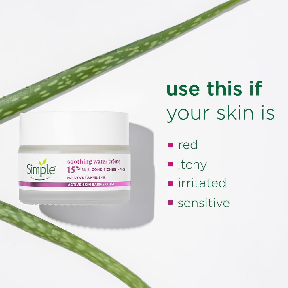Simple brand soothing water crème jar with aloe vera leaves on a white background