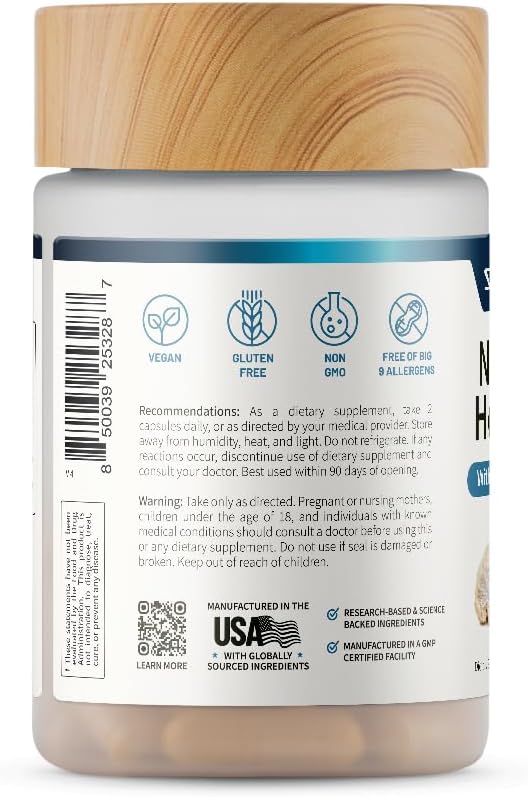 Supplement bottle with wooden cap and label displaying nutritional information and manufacturing details.
