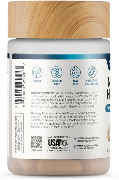 Supplement bottle with wooden cap and label displaying nutritional information and manufacturing details.
