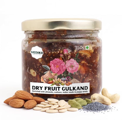 Vediko Origins Dry Fruit Gulkand | 100% Sun-Cooked Pure Rose Petal Jam With No Artificial Flavors For Gut Health | Sweetened With Raw Sugar (Mishri) | Improves Digestion | Natural Coolant