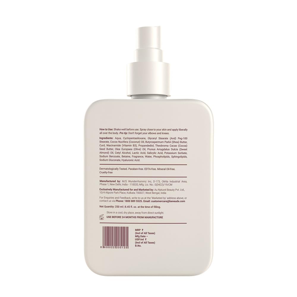 Be Neude Body Lotion with Ceramide, Lactic Acid, Niacinamide & Hyaluronic Acid for Deep Hydration, Barrier Repair & Dark Spot Reduction, Ultralight, Non-Sticky Body Lotion Smmmoothie, 250ml