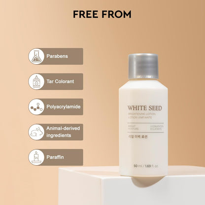White Seed skincare product with ingredients list on a beige background