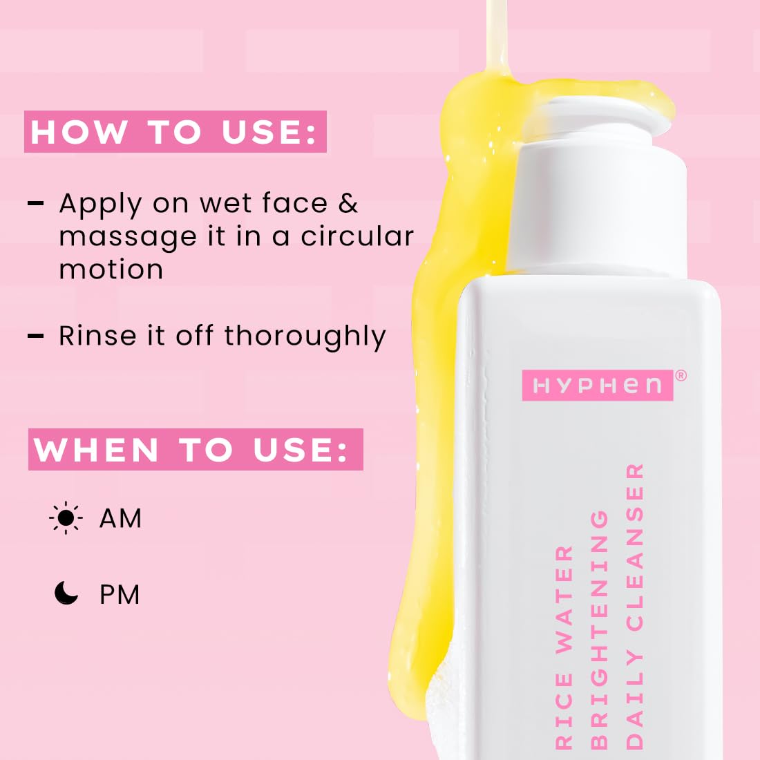 Hyphen rice water brightening daily cleanser with usage instructions on a pink background
