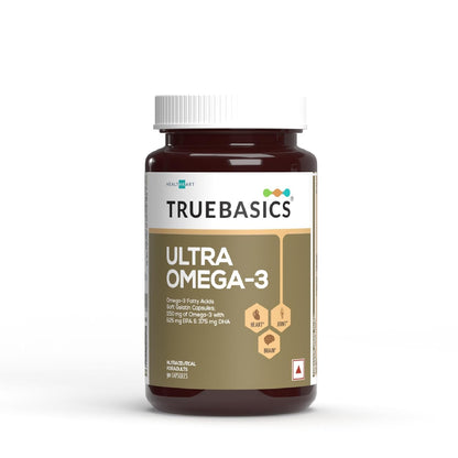 TrueBasics Ultra Omega-3 supplement bottle on a white background