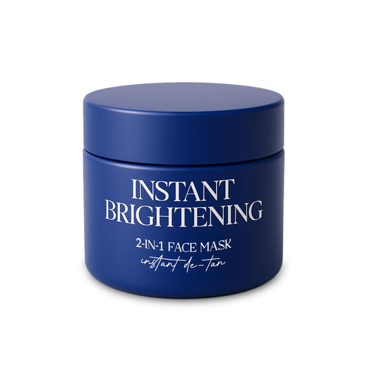 Blue jar of instant brightening 2-in-1 face mask on a white background