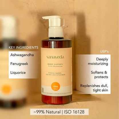 Vanaveda Vata Body Lotion for Dry Skin | Deeply Hydrating Ayurvedic Moisturiser with Plant-Based Oils | Daily Body Care for Soft, Nourished Skin | 300ml