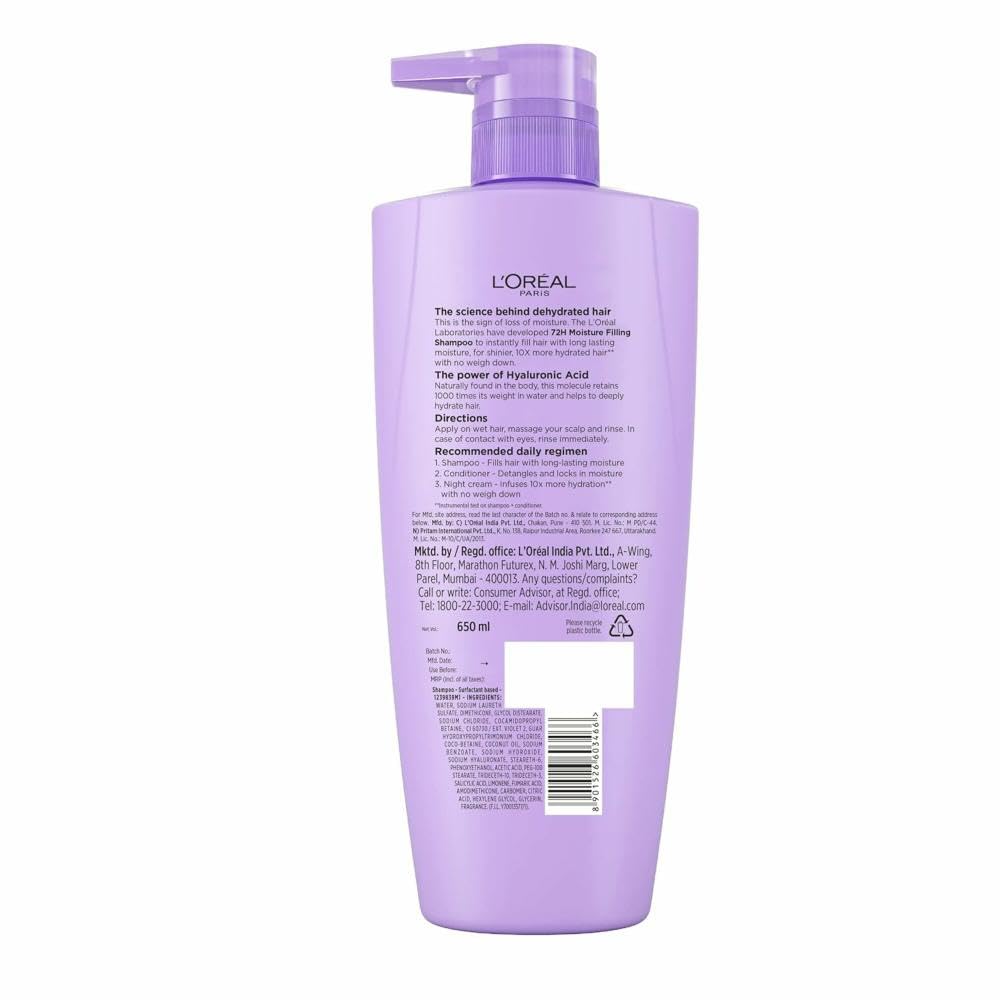 L'Oreal Paris L Oral Moisture Filling Shampoo, With Hyaluronic Acid, For Dry & Dehydrated Hair, Adds Shine Bounce, Hyaluron 72H, 650Ml. | 650Ml
