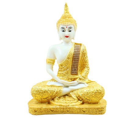 Meditating Buddha Statue Polyresin Idol Showpiece- Perfect for Living Room, Bedroom & Office Space Home Decor & Staircase Wall Decoration Ideal Gifting (White Gold Sitting Buddha)
