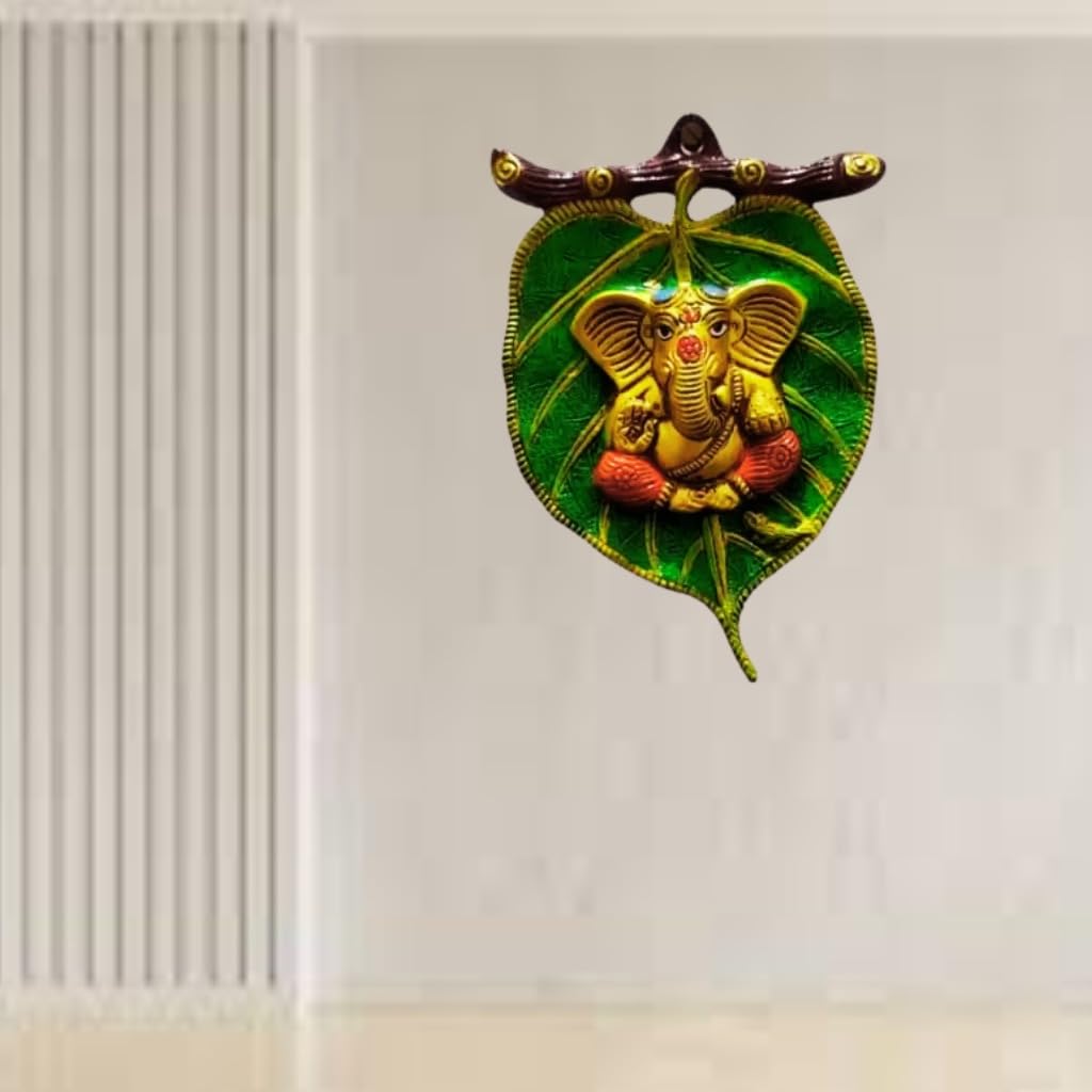 Kalakriti Metal Paan Leaf Ganesh Hanging God Idols for Pooja | Home Decor | Diwali | Festival | Decorative Platter | Showpiece | Wedding | Pack of 2 Green