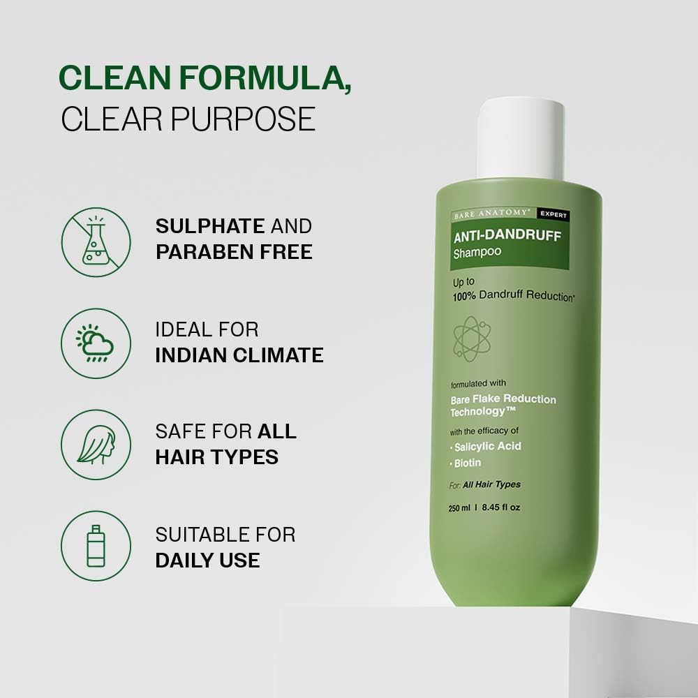 Bare Anatomy Anti-Dandruff Shampoo | Up To 100% Dandruff Reduction | ZPTO-Free | pH 5.3 | Salicylic Acid, Piroctone Olamine, Biotin & Menthol | Non-Drying Formula | Suitable for Men & Women | 250 ml