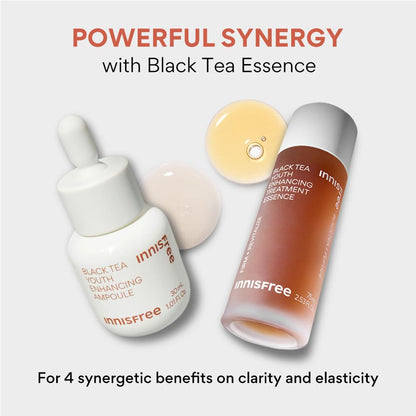 Two skincare products from innisfree with black tea essence on a light gray background.