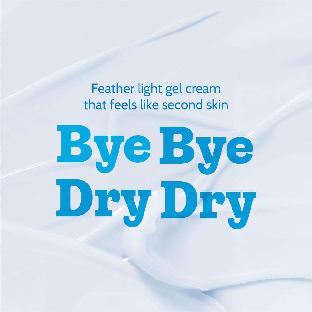 Advertisement for 'Bye Bye Dry Dry' gel cream with blue text on a light blue background.