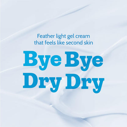 Advertisement for 'Bye Bye Dry Dry' gel cream with blue text on a light blue background.