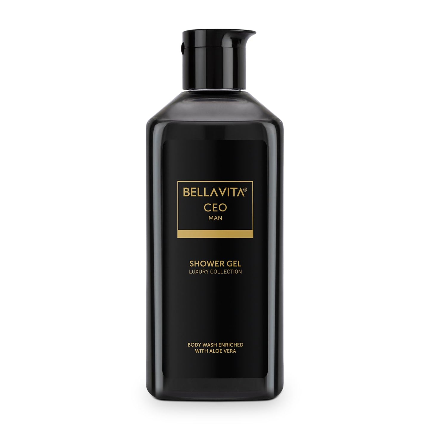 Black shower gel bottle with Bellavita branding on a white background