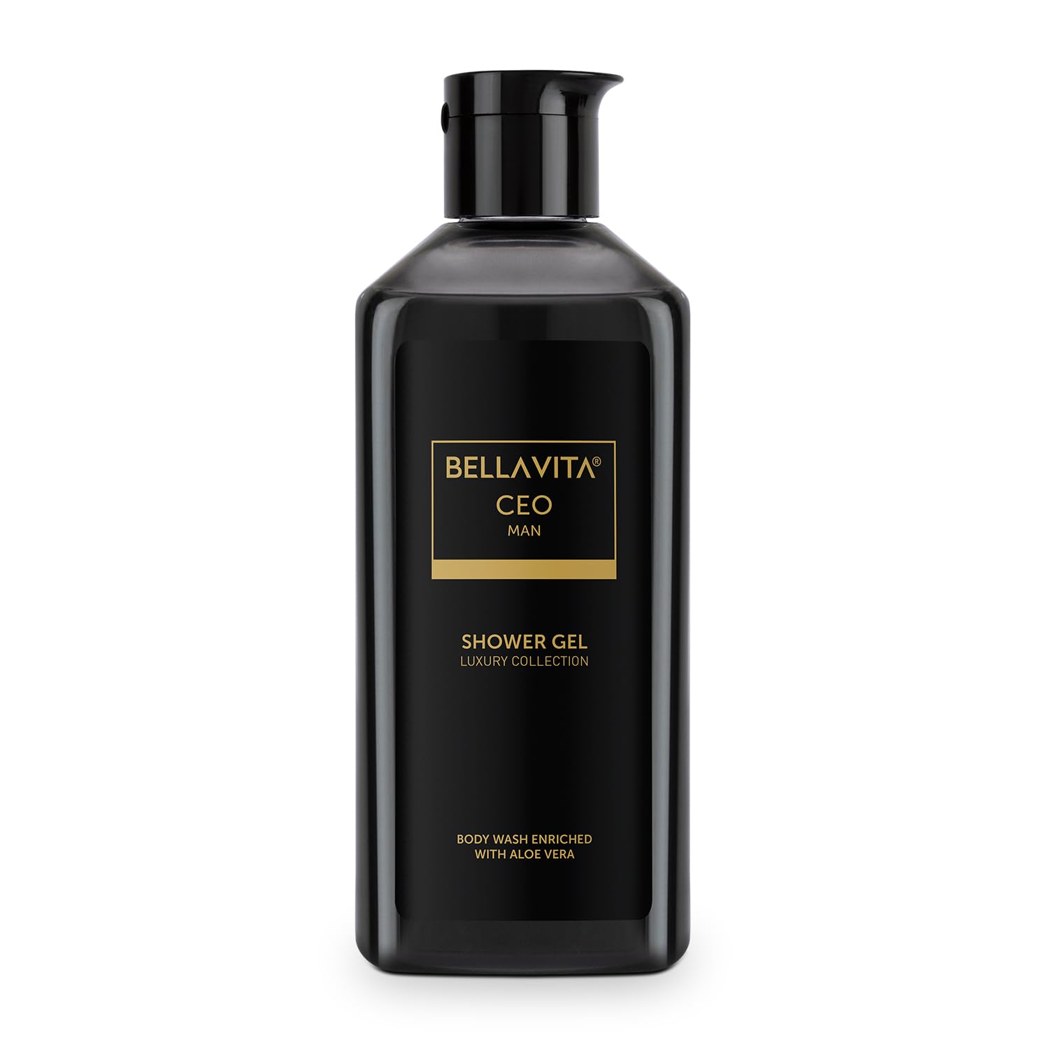 Black shower gel bottle with Bellavita branding on a white background