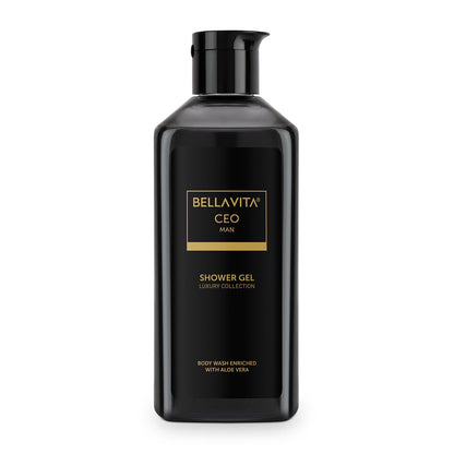 Black shower gel bottle with Bellavita branding on a white background