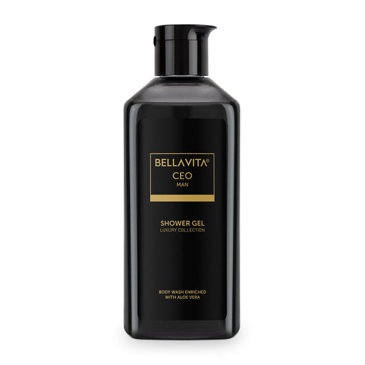 Black shower gel bottle with Bellavita branding on a white background