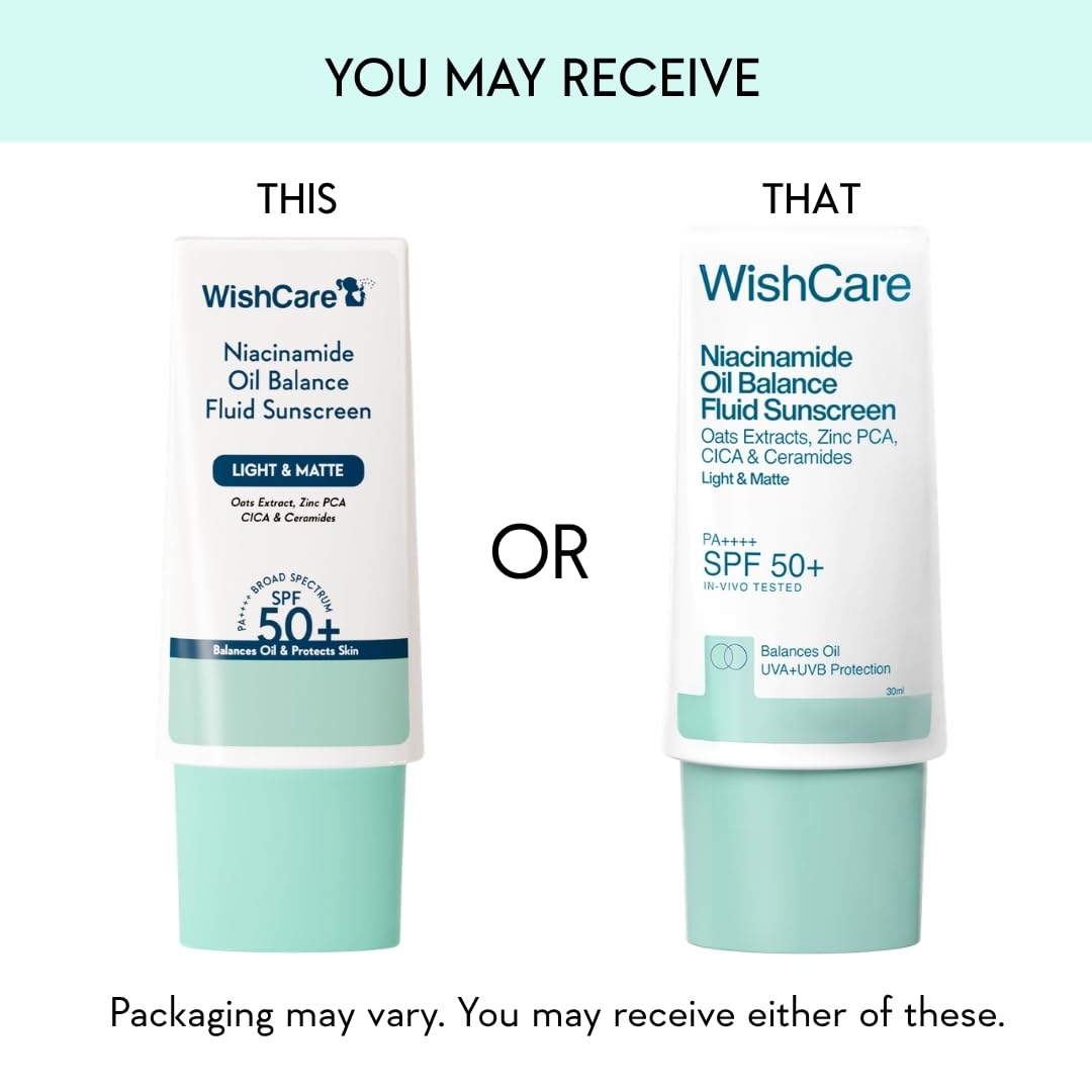 WishCare Niacinamide Oil Balance Fluid Sunscreen SPF 50 PA++++ In-Vivo Tested | 8Hrs+ SPF Protection | Lightweight, Matte & No White Cast | Sunscreen SPF 50 For Oily Skin, Sensitive, Dry & Combination Skin | For Women & Men | 30ml