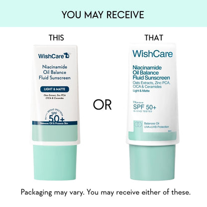 WishCare Niacinamide Oil Balance Fluid Sunscreen SPF 50 PA++++ In-Vivo Tested | 8Hrs+ SPF Protection | Lightweight, Matte & No White Cast | Sunscreen SPF 50 For Oily Skin, Sensitive, Dry & Combination Skin | For Women & Men | 30ml