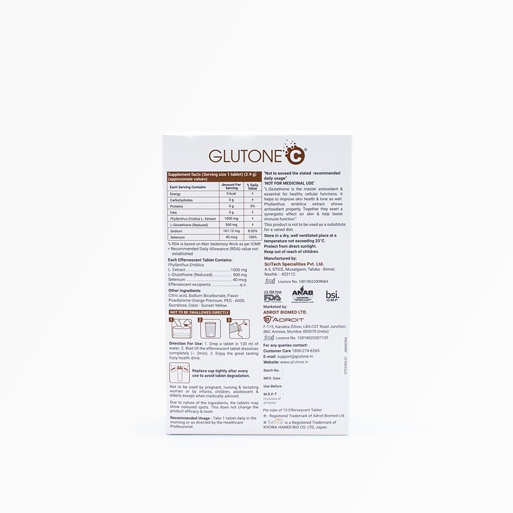 Glutone supplement packaging with detailed information on a white background