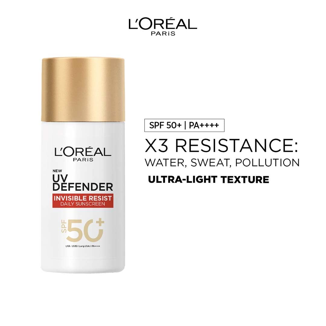 L'Oreal Paris UV Defender sunscreen bottle with gold cap on a white background